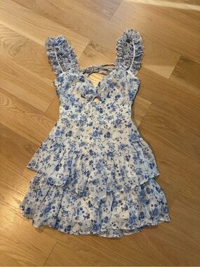 Altar'd State White and Blue Floral Ruffle Tiered Dress